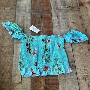 Charlotte Russe blue tropical floral crop top women's large